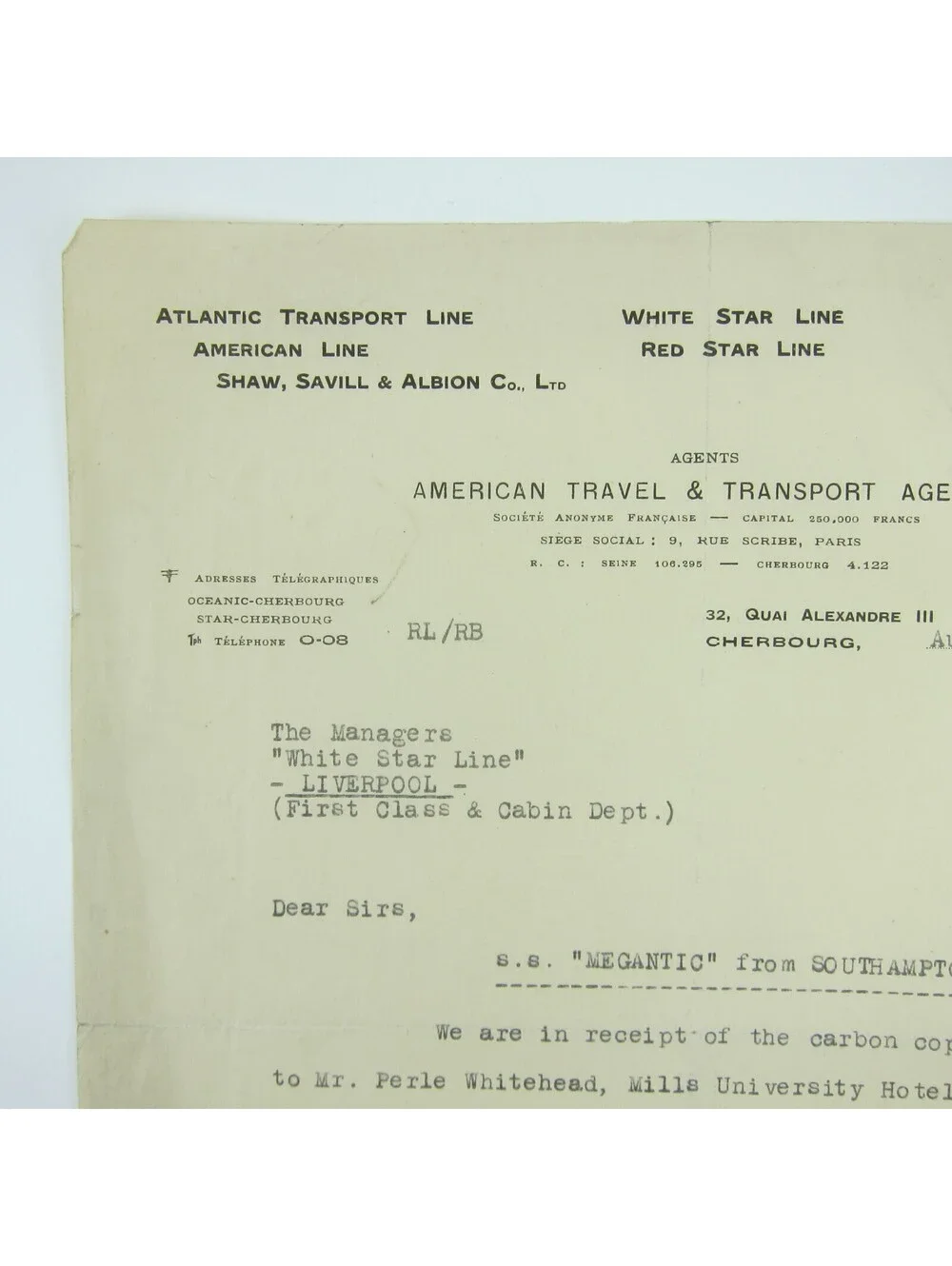1929 Letterhead American Travel & Transport White Star Lines Perle Whitehead